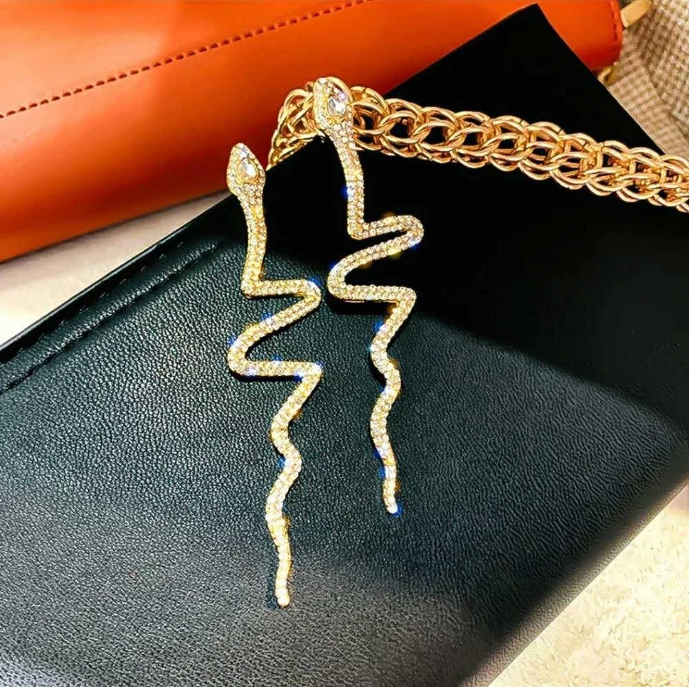 LARGE crystal snake earrings in silver or gold - Picture 6 of 6